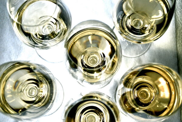 Wine glasses seen from above during a tasting